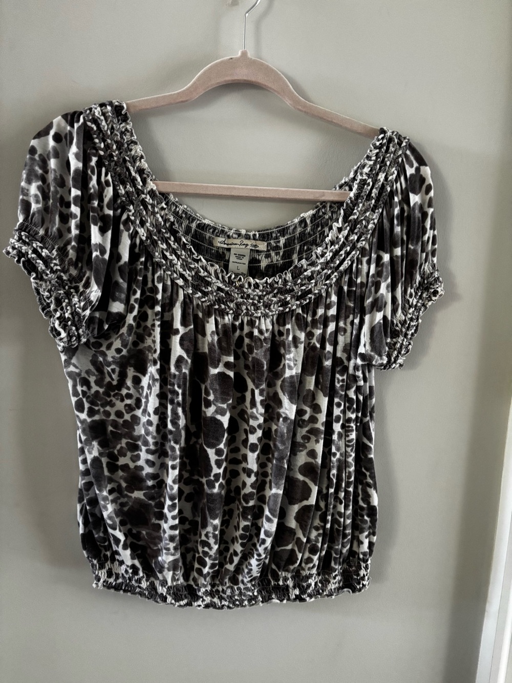 American Rag grey and White Animal Print Smocked Neck Top